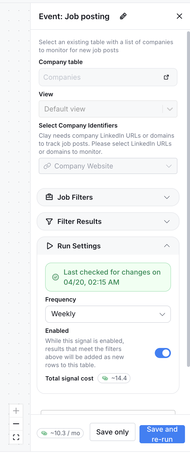 Clay job posting signal setup showing company identifier and job filter settings