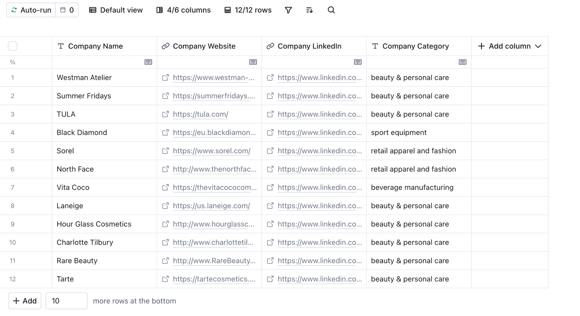 Clay table with a target account list, one row per company and a domain column